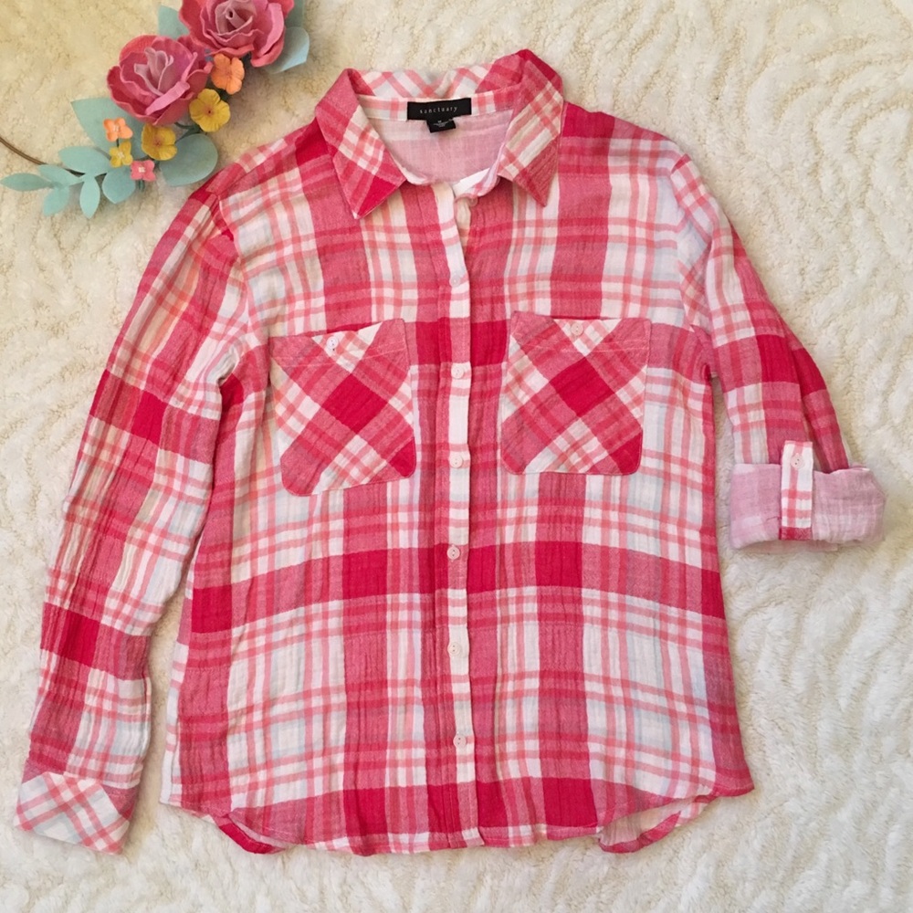 Sanctuary red and white plaid tomboy shirt M NWT